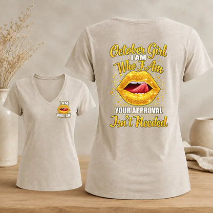 October Girl – I Am Who I Am Women's Glitter Lips V-Neck Tee