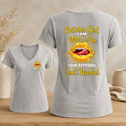 October Girl – I Am Who I Am Women's Glitter Lips V-Neck Tee