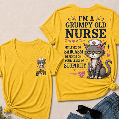 Grumpy Old Nurse – Sarcasm Level Depends on Your Stupidity V-Neck Tee