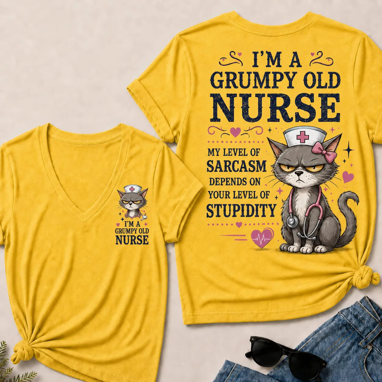 Grumpy Old Nurse – Sarcasm Level Depends on Your Stupidity V-Neck Tee