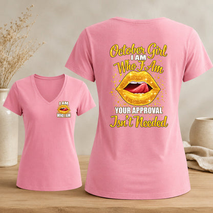 October Girl – I Am Who I Am Women's Glitter Lips V-Neck Tee