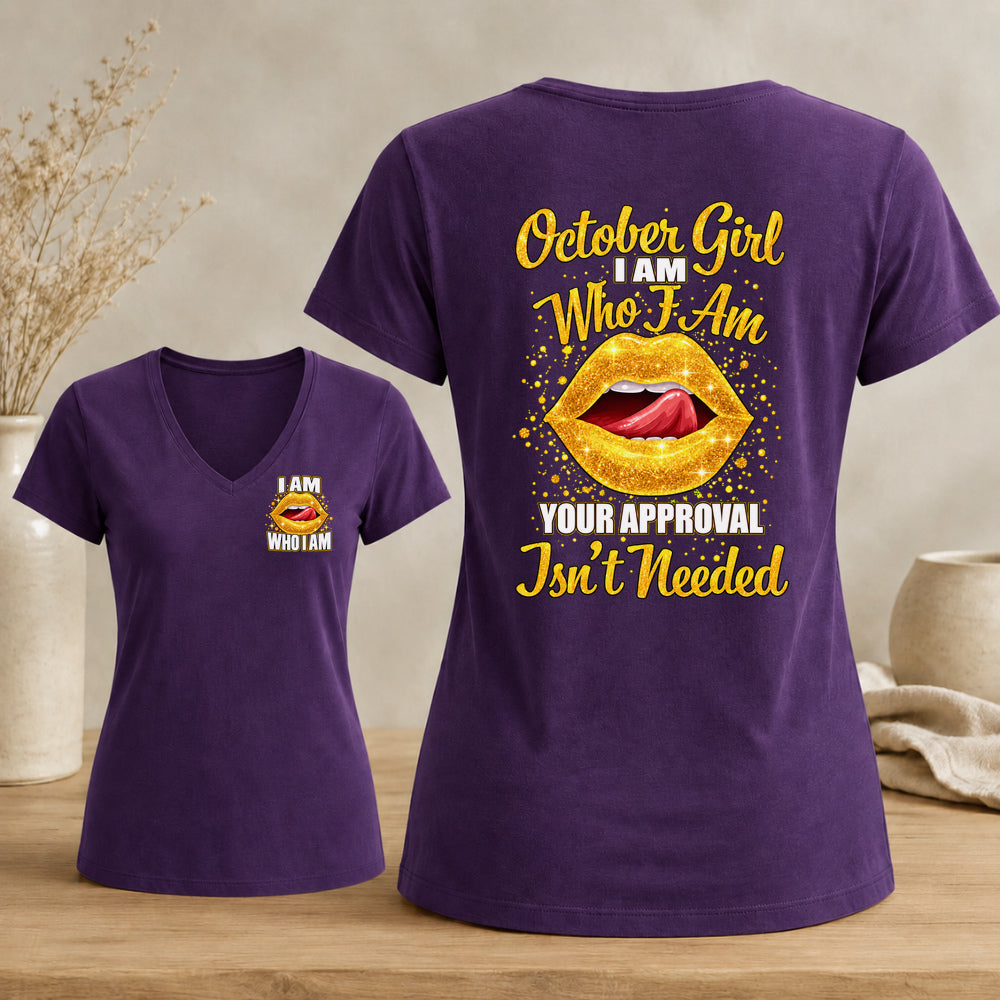October Girl – I Am Who I Am Women's Glitter Lips V-Neck Tee