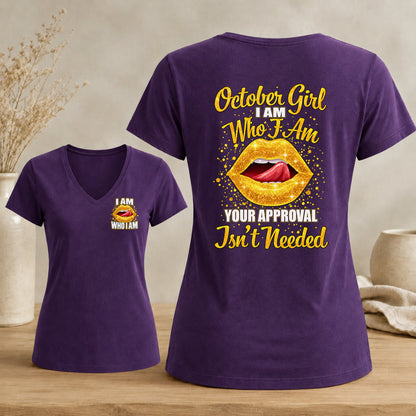 October Girl – I Am Who I Am Women's Glitter Lips V-Neck Tee