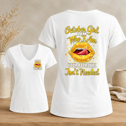 October Girl – I Am Who I Am Women's Glitter Lips V-Neck Tee