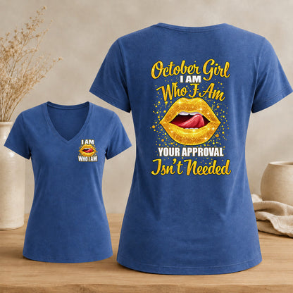 October Girl – I Am Who I Am Women's Glitter Lips V-Neck Tee